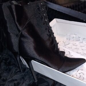 Qupid Shiny Black Lace-Up Heeled Boots